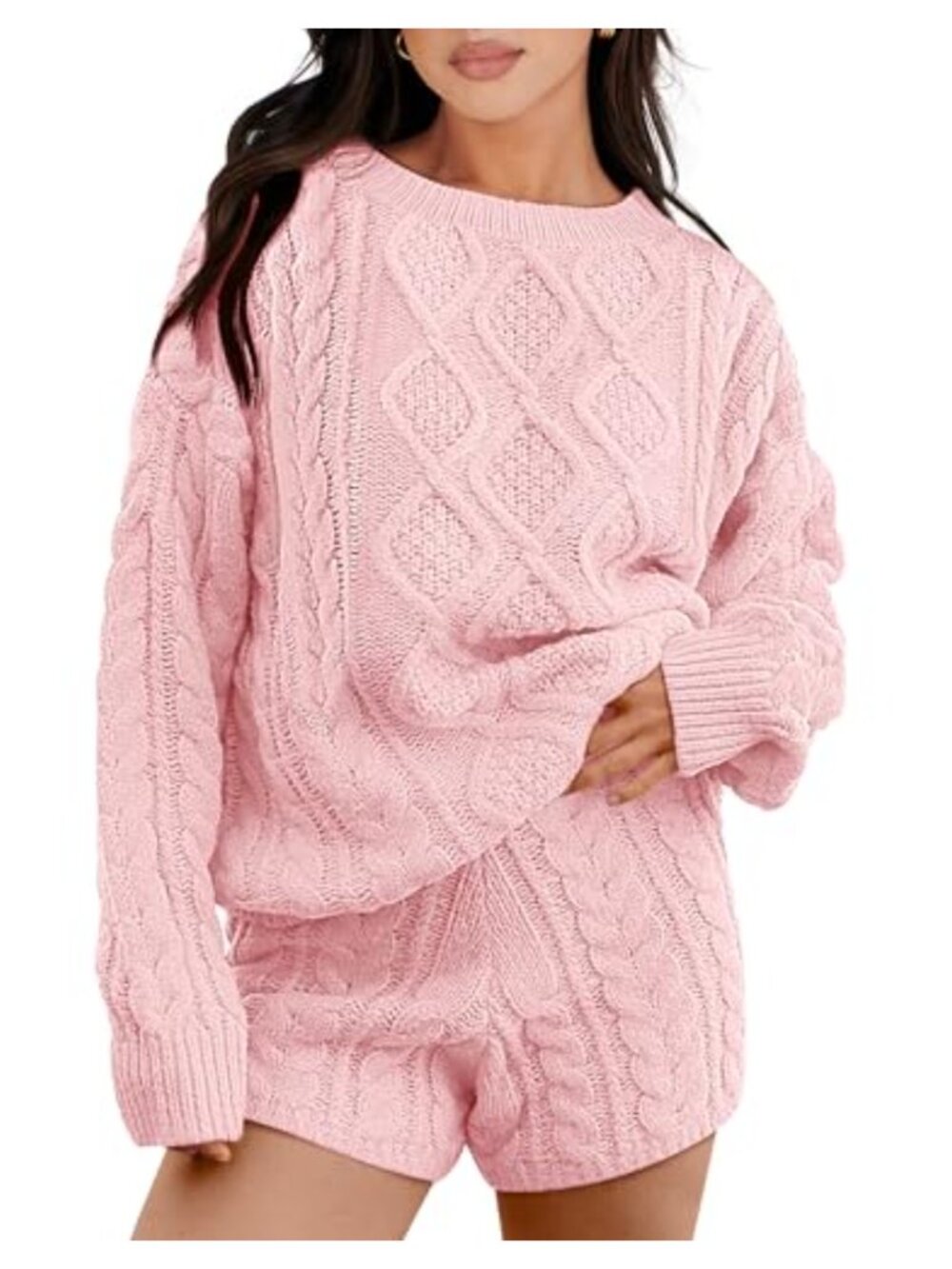 2 Piece Cable Knit Sweater & Shorts Lounge Set Oversized Crew Neck Pullover